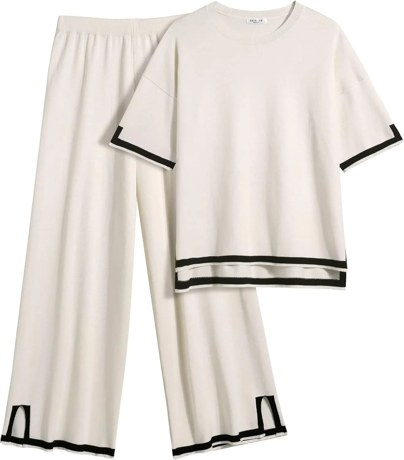 Ekouaer Lounge Set for Women Travel Outfits 2 Piece Sets Short Sleeve Sweater Top Wide Leg Long Pants Loungewear