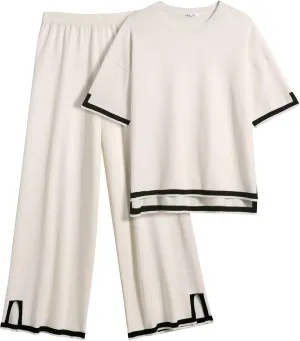 Ekouaer Lounge Set for Women Travel Outfits 2 Piece Sets Short Sleeve Sweater Top Wide Leg Long Pants Loungewear