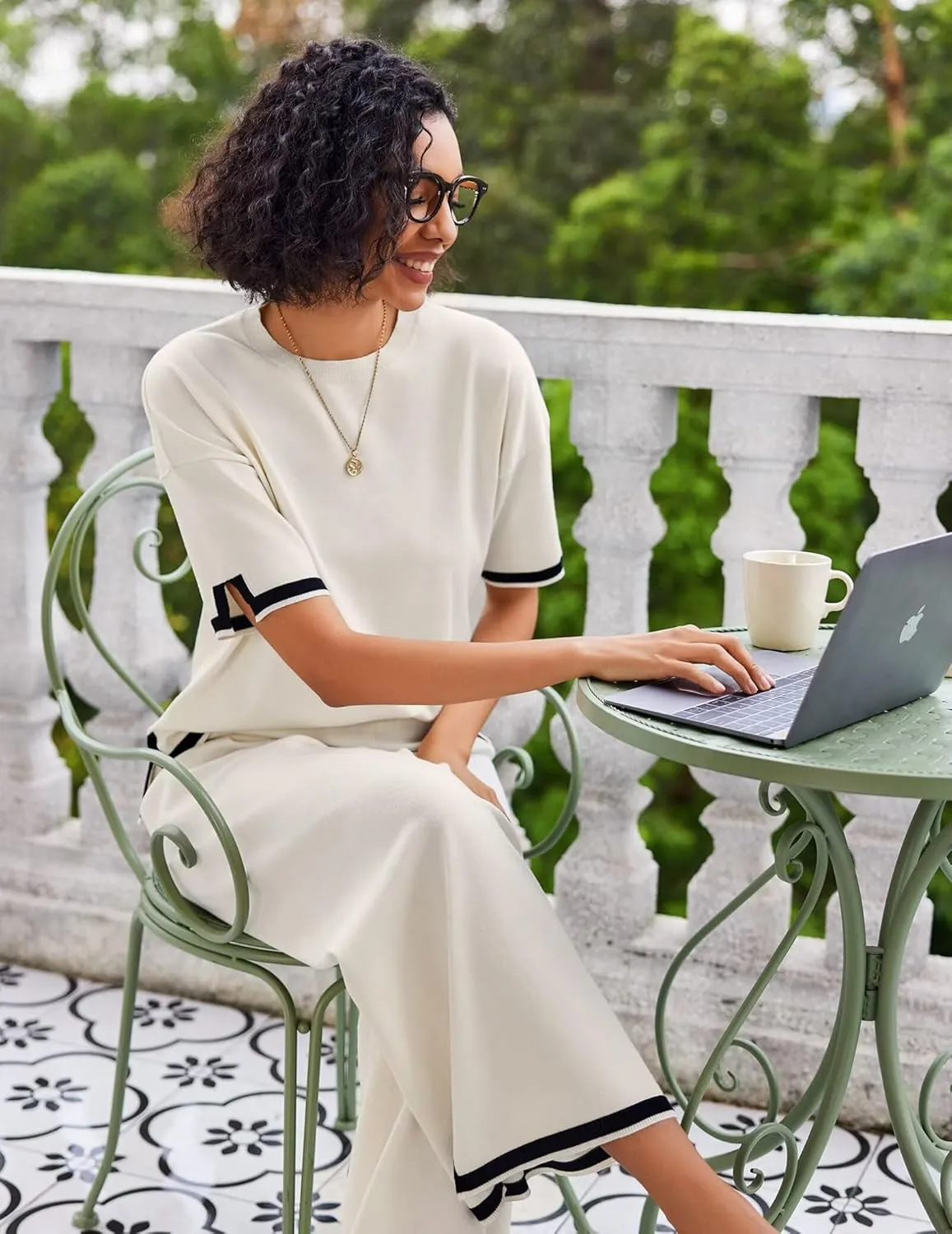 Ekouaer Lounge Set for Women Travel Outfits 2 Piece Sets Short Sleeve Sweater Top Wide Leg Long Pants Loungewear