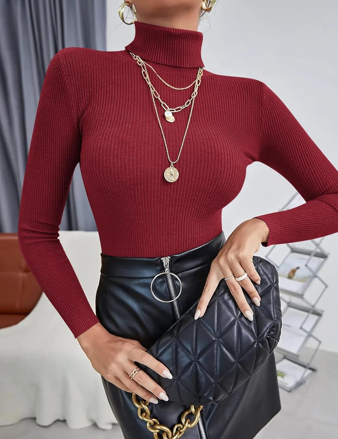 Ekouaer Women's Turtleneck Tops Ribbed Pullover Sweater Long Sleeves Shirts Midweight Thermal Underwear Blouse