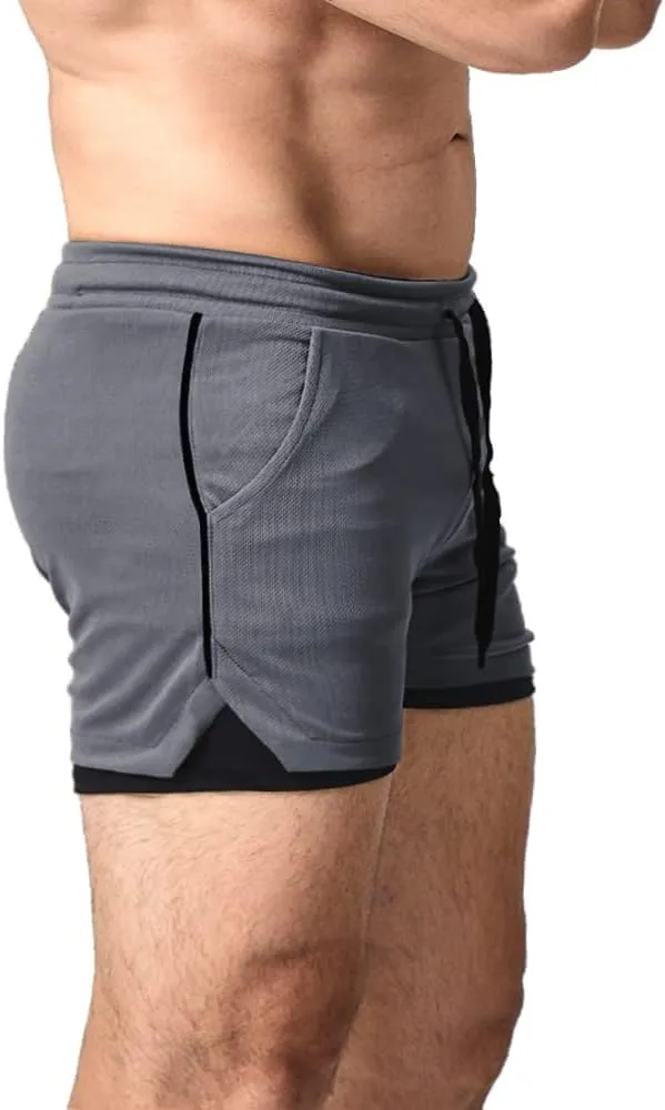EVERWORTH Men's 2 in 1 Workout Shorts 5" Quick Dry Gym Shorts Bodybuilding Short Shorts Compression Shorts with Zipper Pocket