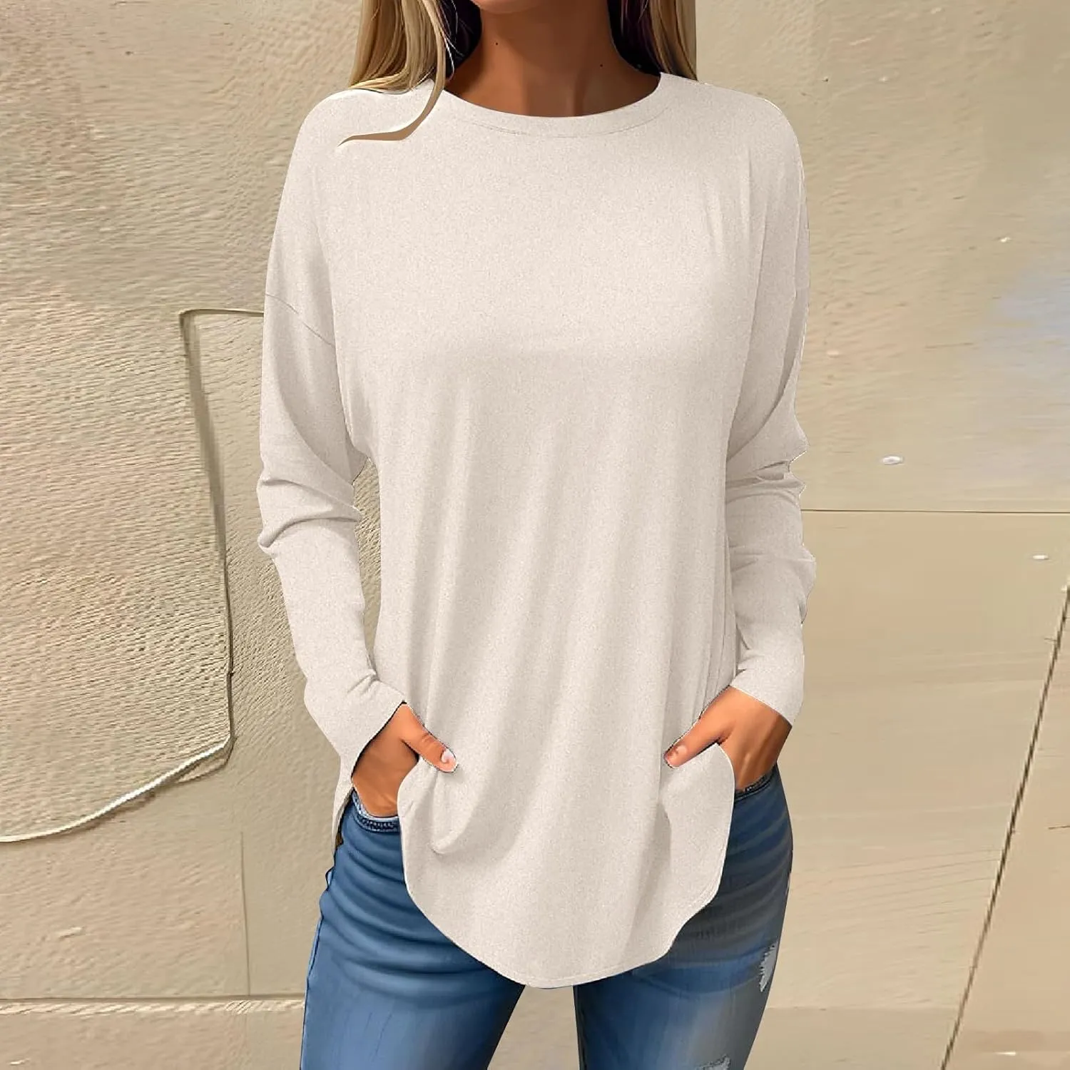 Fall Outfits for Women Solid Long Sleeve Outfits Round Neck Hide Belly Pullover Tops Casual Loose T Shirt