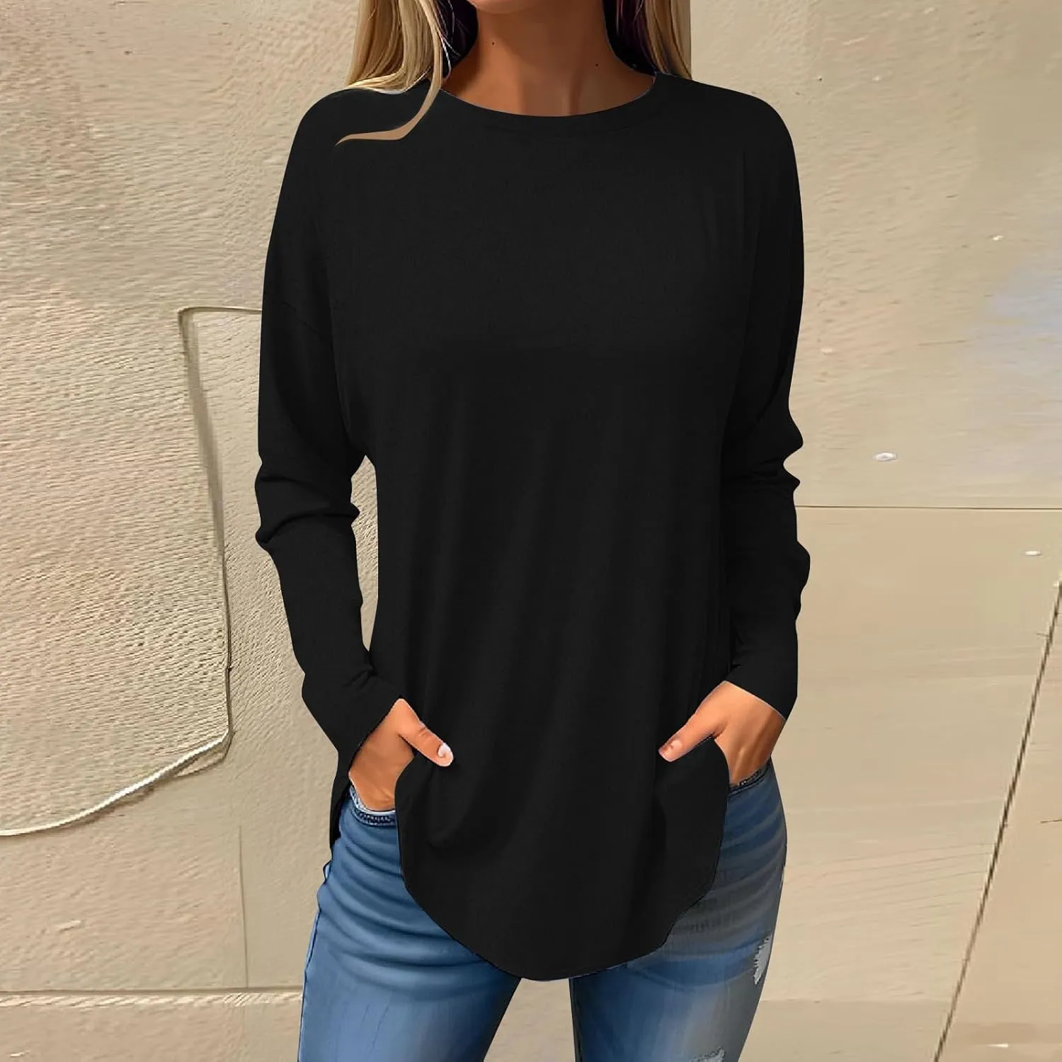 Fall Outfits for Women Solid Long Sleeve Outfits Round Neck Hide Belly Pullover Tops Casual Loose T Shirt