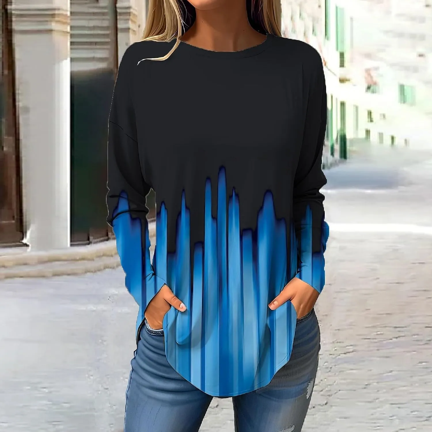 Fall Outfits for Women Solid Long Sleeve Outfits Round Neck Hide Belly Pullover Tops Casual Loose T Shirt