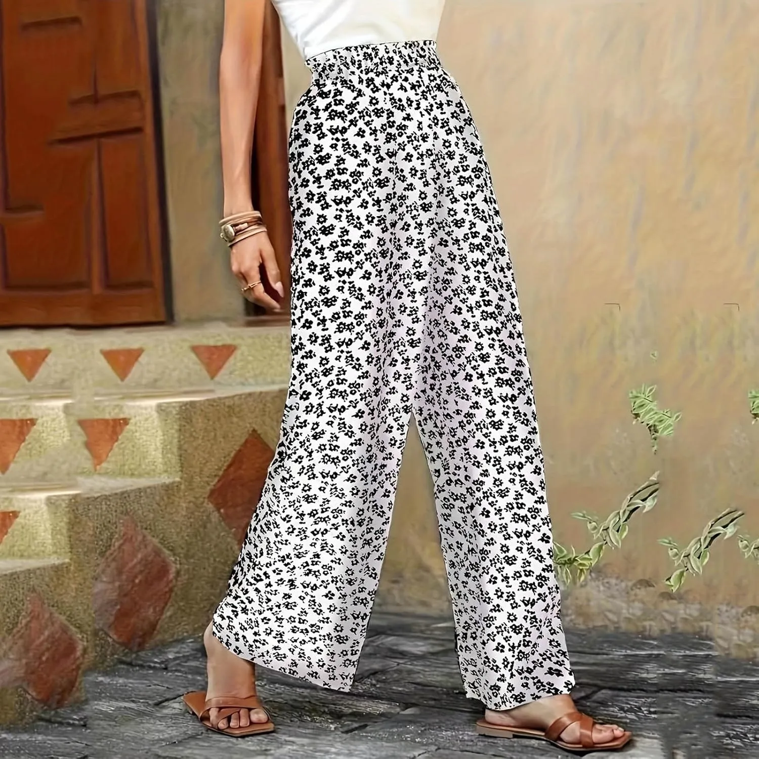 Fall Women High Waist Pants Fashion Loose Straight Pants Daily Pants Casual Printed Wide Leg Trousers Pants
