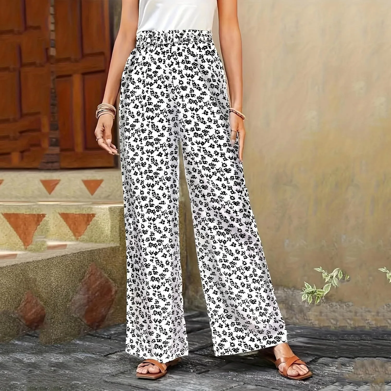 Fall Women High Waist Pants Fashion Loose Straight Pants Daily Pants Casual Printed Wide Leg Trousers Pants