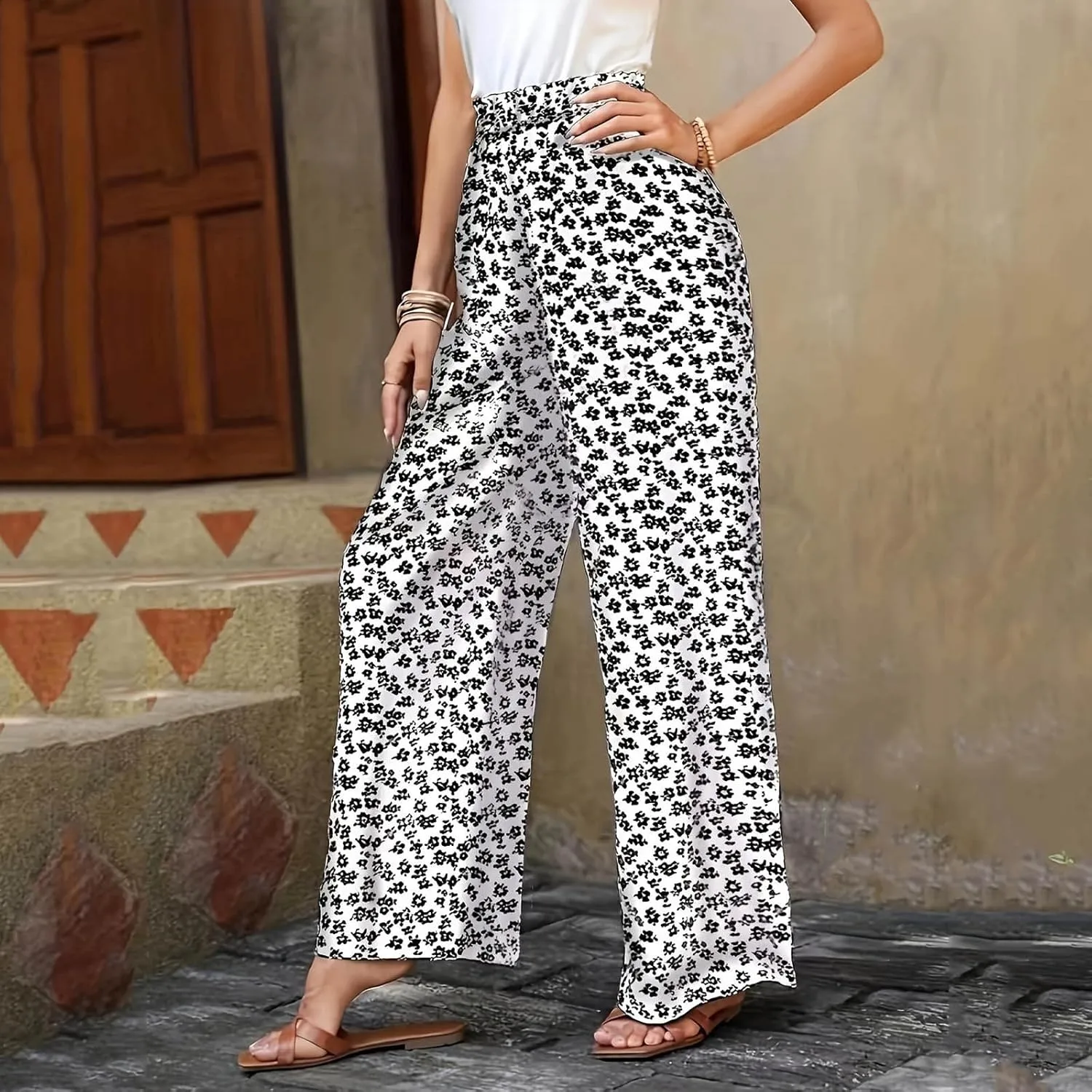 Fall Women High Waist Pants Fashion Loose Straight Pants Daily Pants Casual Printed Wide Leg Trousers Pants