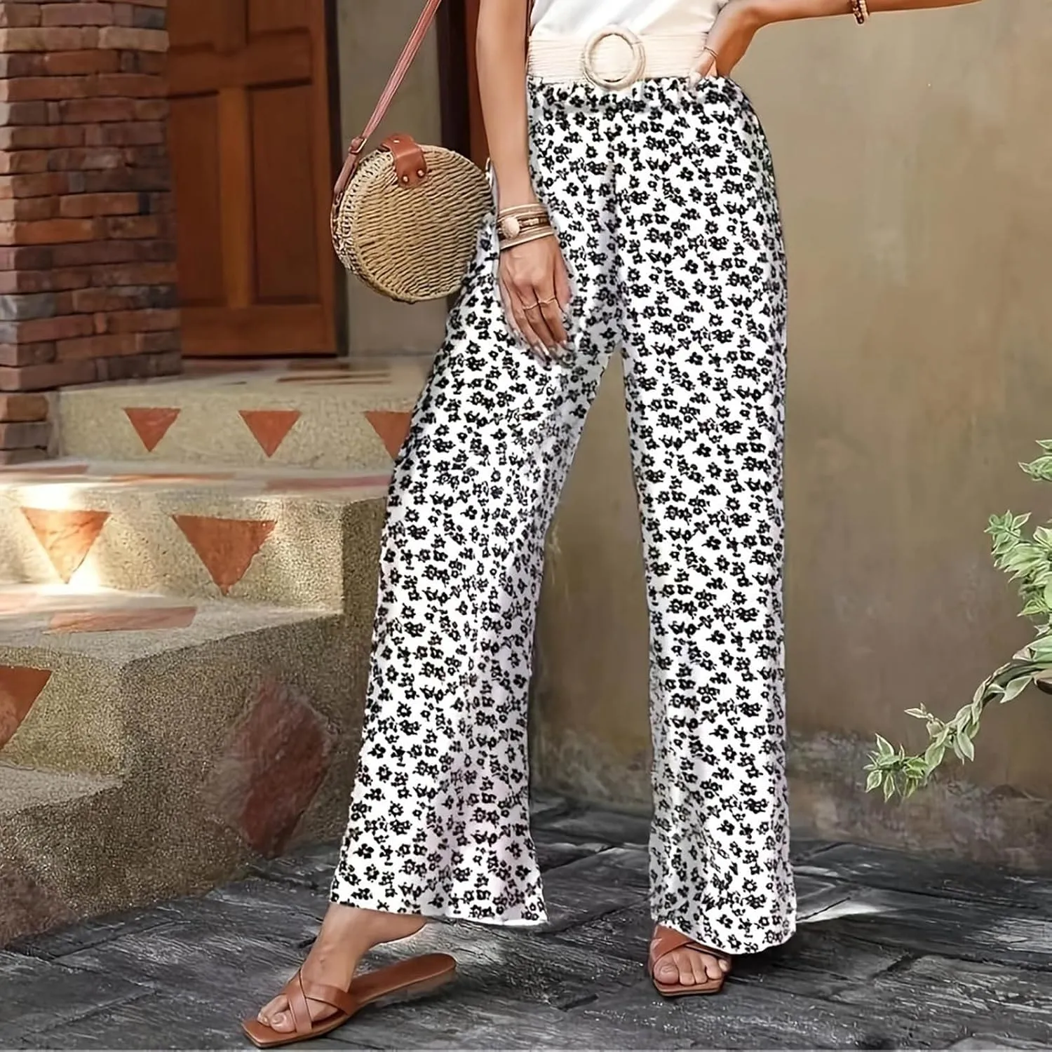 Fall Women High Waist Pants Fashion Loose Straight Pants Daily Pants Casual Printed Wide Leg Trousers Pants