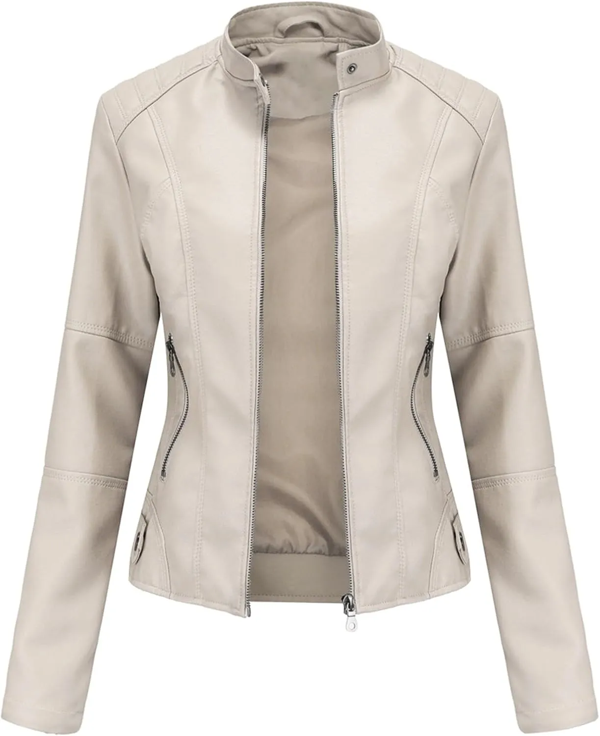 Faux Leather Jackets for Women, Vegan Jackets Moto Biker Motocycle Coat with Stitching Detail