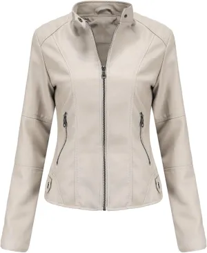 Faux Leather Jackets for Women, Vegan Jackets Moto Biker Motocycle Coat with Stitching Detail