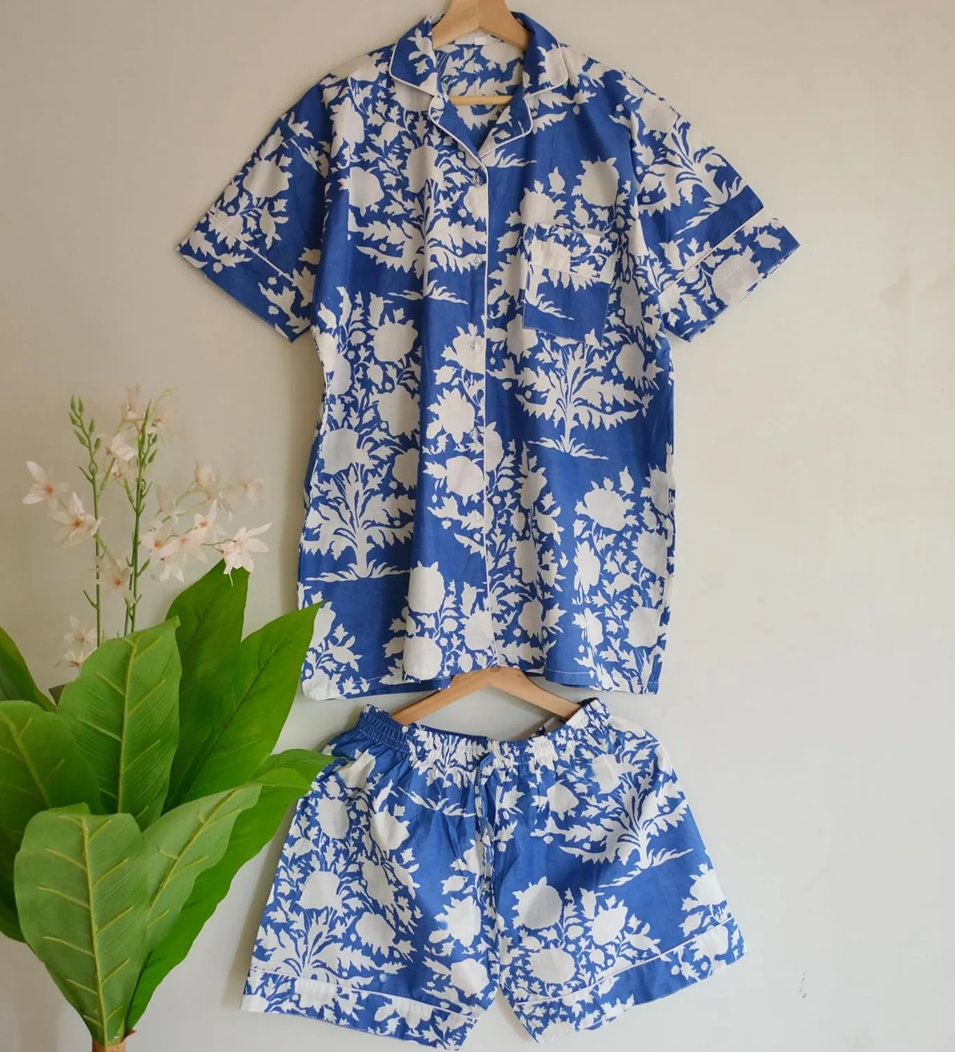 Floral Print Indian Handmade Cotton Short Pj Set Organic Cotton Loungewear Night Dress For Women Wear Comfort Outfit