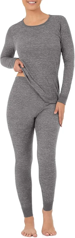 Fruit of the Loom Women’s Thermal Underwear Set Base Layer With Top & Bottom Set For Women- Breathable & Ultra Comfortable Winter Underwear Thermals- Lightweight & Discreet Long Sleeve Thermals Grey