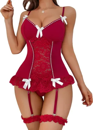 Genhoo Women's Lingerie Lace Corset Lingerie Set Mesh Mini Babydoll with Garter Belt