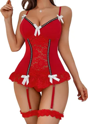 Genhoo Women's Lingerie Lace Corset Lingerie Set Mesh Mini Babydoll with Garter Belt