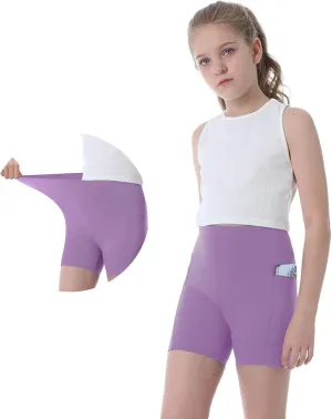 Girls Biker Shorts Kids Yoga Shorts High Waisted Spandex Athletic Running Volleyball Shorts with Pockets