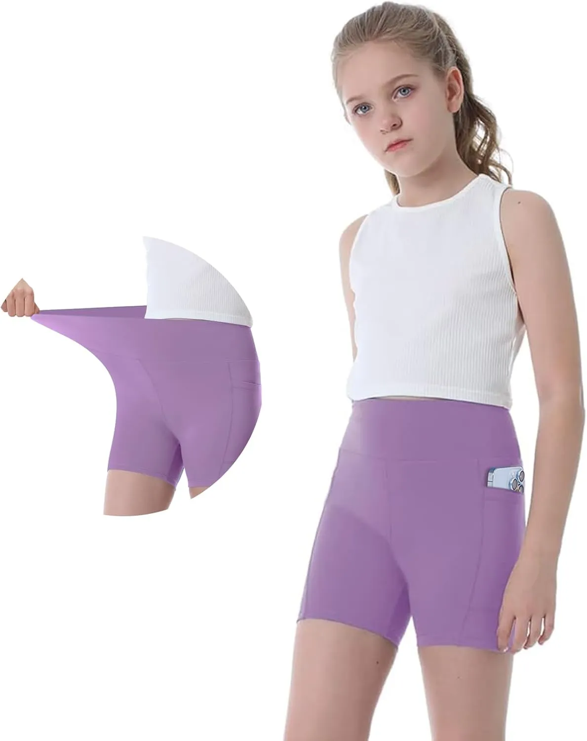Girls Biker Shorts Kids Yoga Shorts High Waisted Spandex Athletic Running Volleyball Shorts with Pockets