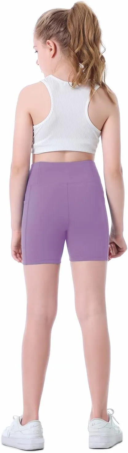 Girls Biker Shorts Kids Yoga Shorts High Waisted Spandex Athletic Running Volleyball Shorts with Pockets