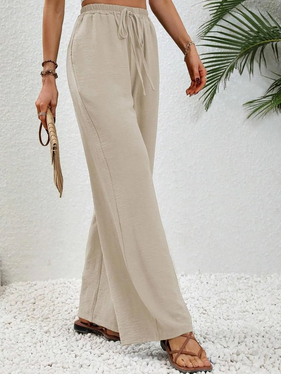 GUOLEZEEV Women Wide Leg Pants High Waisted Beach Pants Long Culottes Trendy Flowy Pants with Pockets