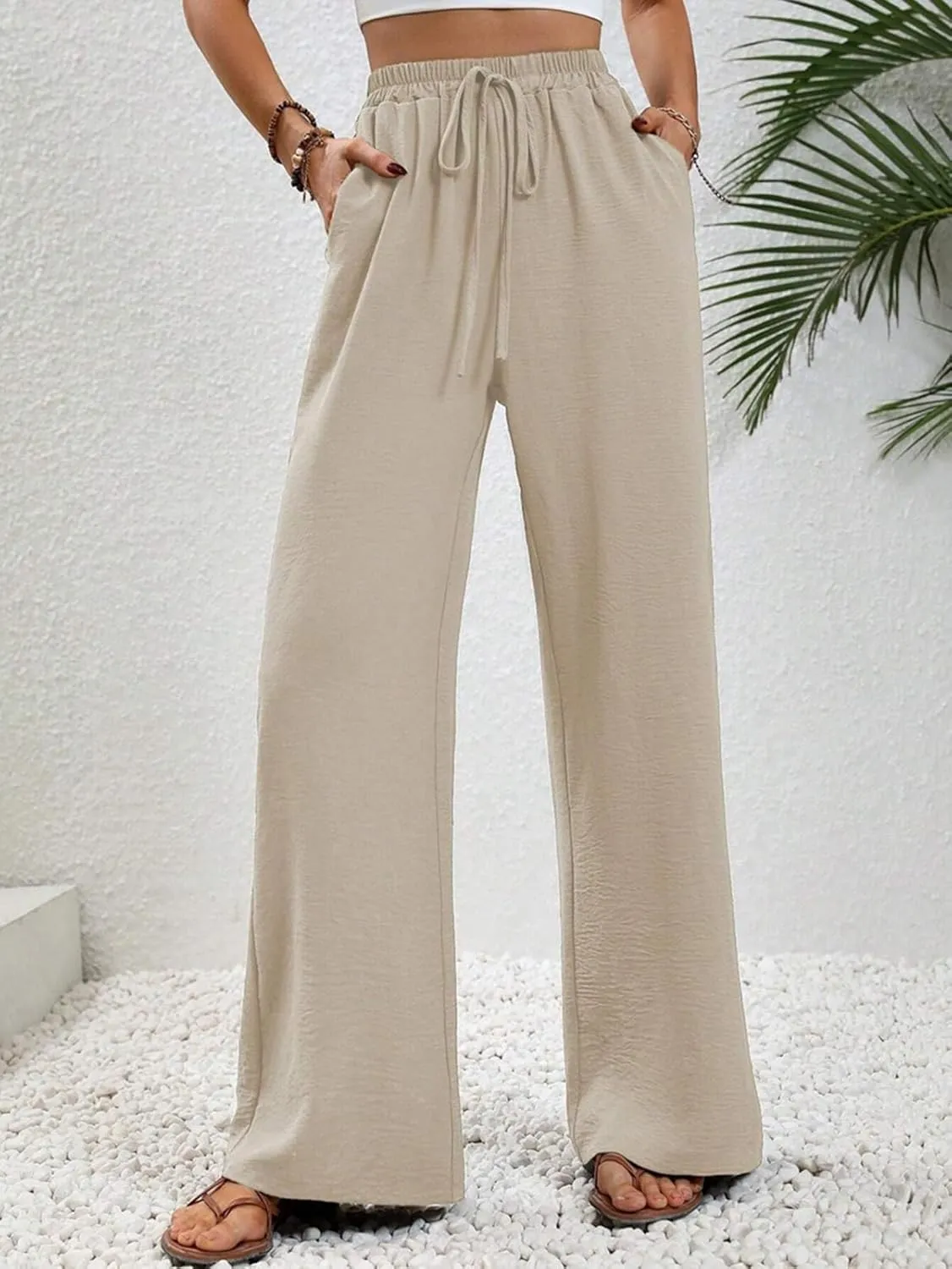 GUOLEZEEV Women Wide Leg Pants High Waisted Beach Pants Long Culottes Trendy Flowy Pants with Pockets