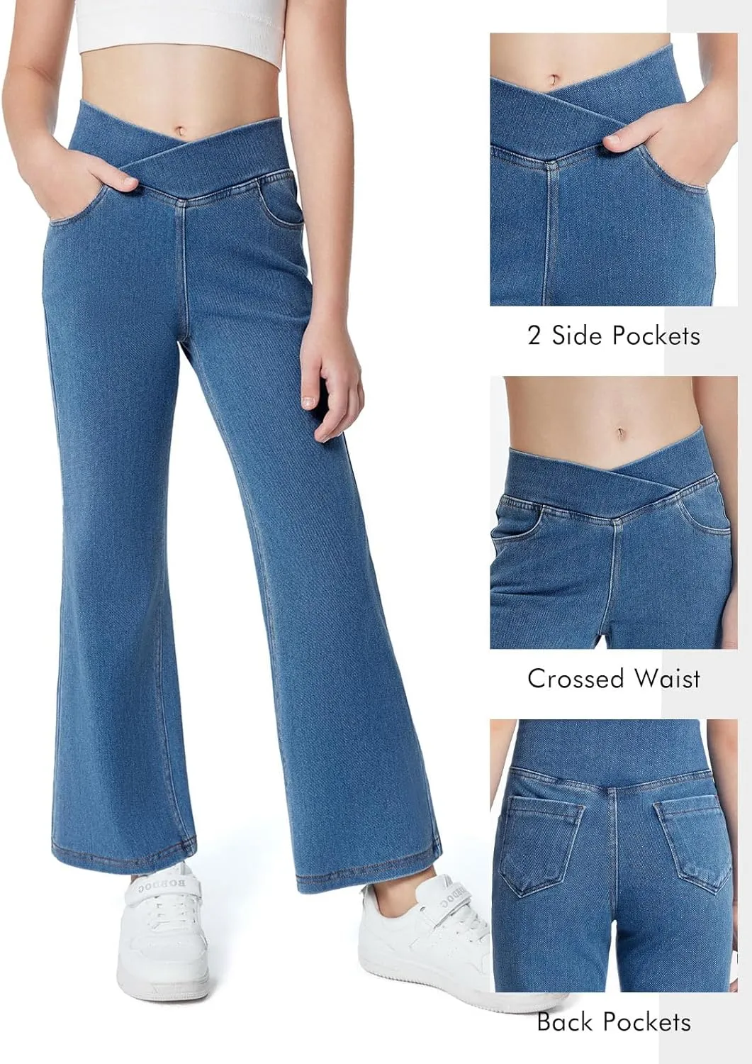 Haloumoning Girls Crossover Flare Jeans Stretchy Bootcut Yoga Pants Bell Bottoms with Pockets