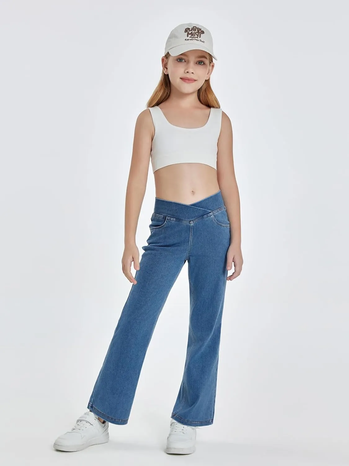 Haloumoning Girls Crossover Flare Jeans Stretchy Bootcut Yoga Pants Bell Bottoms with Pockets
