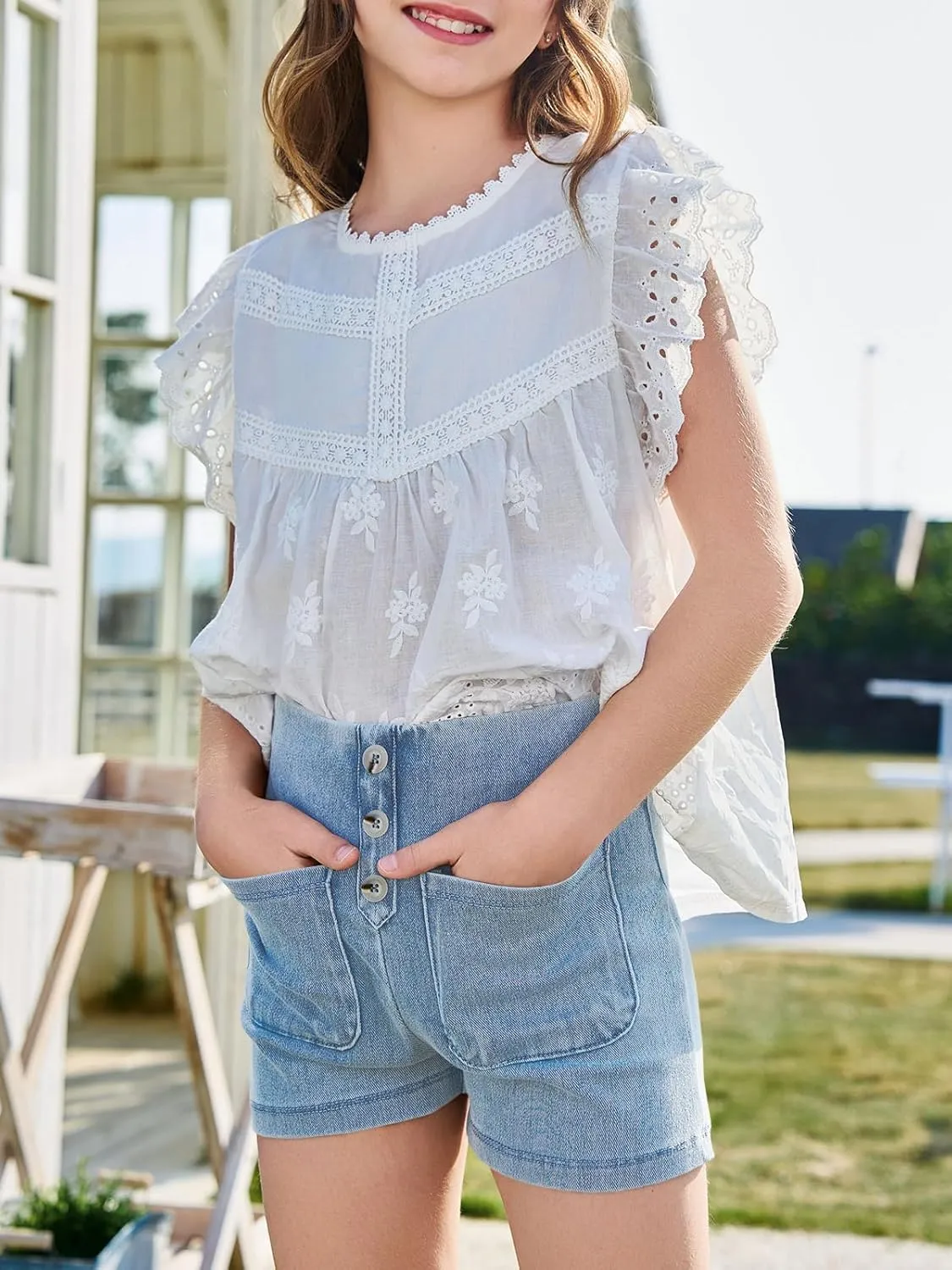Haloumoning Girls Jean Shorts Kids Cute High Waist Shorts Button Summer Demin Shorts with Pockets 5-14 Years