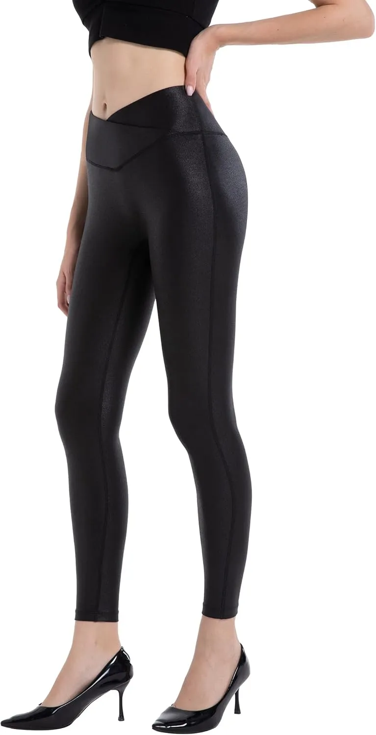 HARTPOR Women's Faux Leather Leggings Stretch High Waisted Shiny Leggings Leather Pants Pleather Leggings Yoga Pants