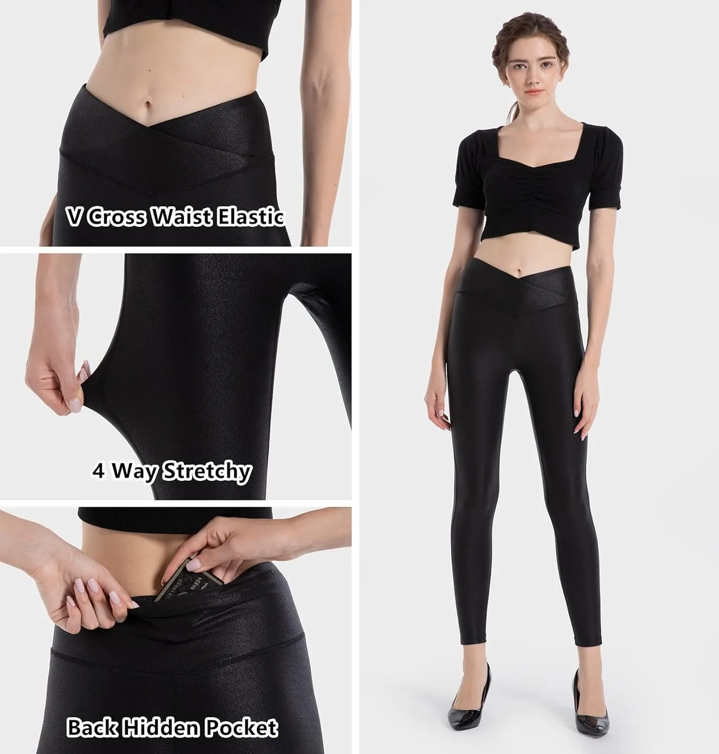 HARTPOR Women's Faux Leather Leggings Stretch High Waisted Shiny Leggings Leather Pants Pleather Leggings Yoga Pants