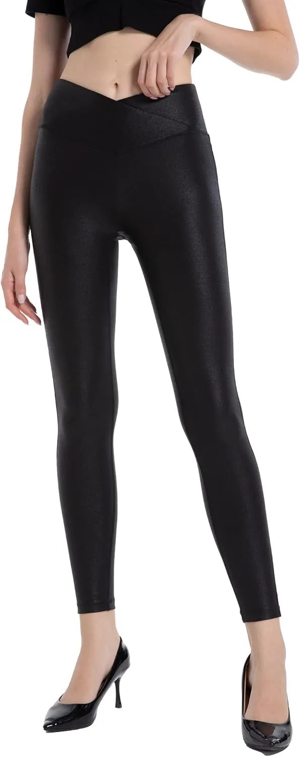 HARTPOR Women's Faux Leather Leggings Stretch High Waisted Shiny Leggings Leather Pants Pleather Leggings Yoga Pants