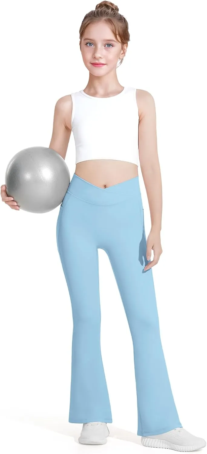 HASMES Girls Flare Leggings with Pockets Kids Bell Bottom High Waisted Flare Yoga Pants for Dance Activewear
