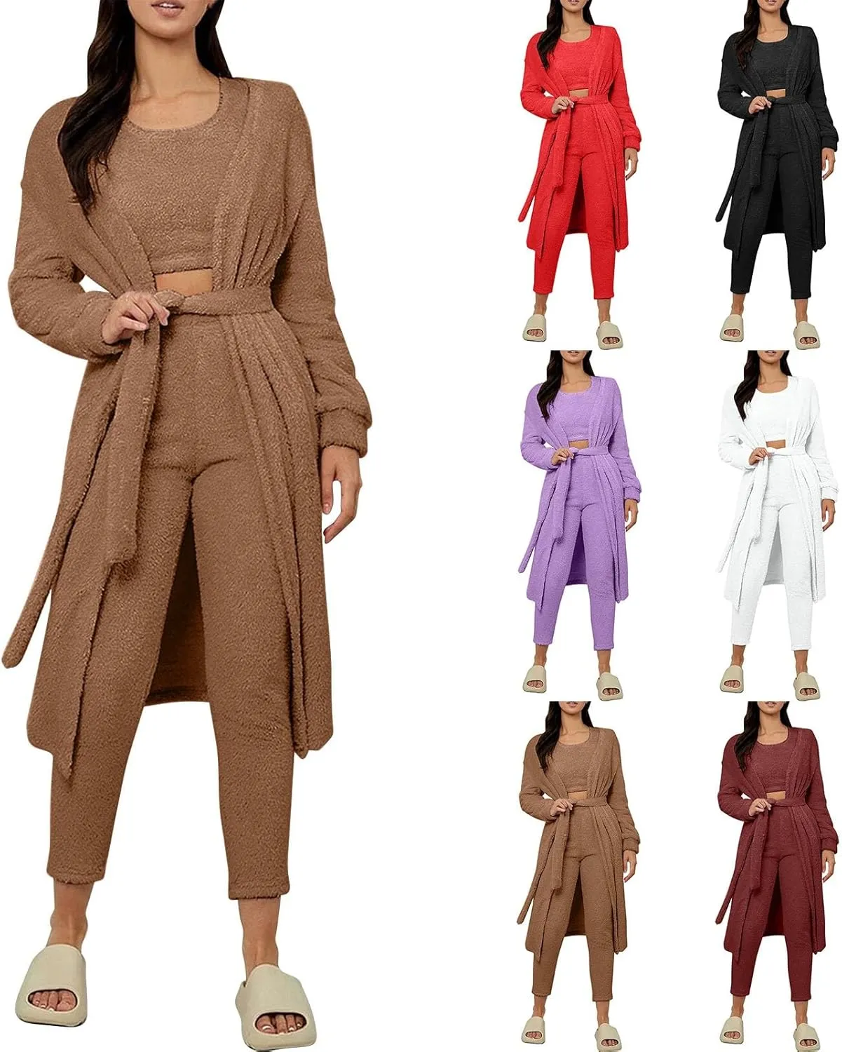 HGps8w 3 Piece Lounge Sets for Women Fuzzy Fleece Pajamas, Long Open Front Cardigan & Crop Tank Top & Long Pants Sleepwear