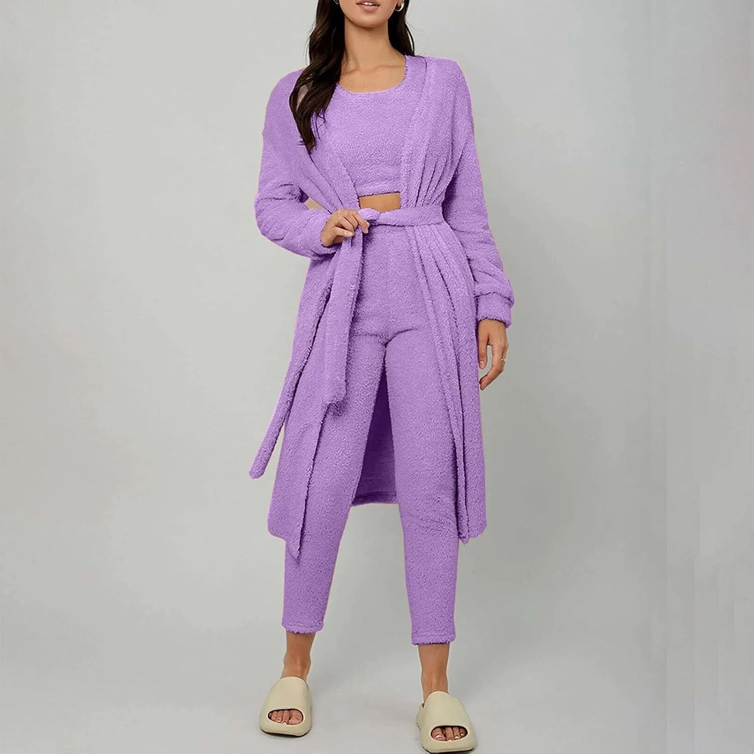 HGps8w 3 Piece Lounge Sets for Women Fuzzy Fleece Pajamas, Long Open Front Cardigan & Crop Tank Top & Long Pants Sleepwear