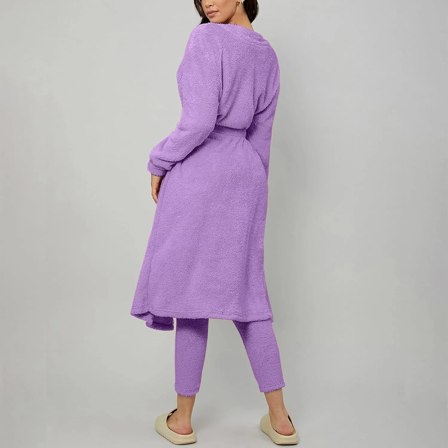 HGps8w 3 Piece Lounge Sets for Women Fuzzy Fleece Pajamas, Long Open Front Cardigan & Crop Tank Top & Long Pants Sleepwear