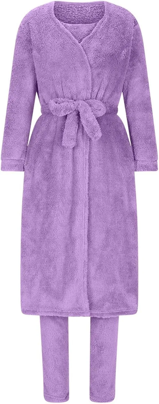 HGps8w 3 Piece Lounge Sets for Women Fuzzy Fleece Pajamas, Long Open Front Cardigan & Crop Tank Top & Long Pants Sleepwear