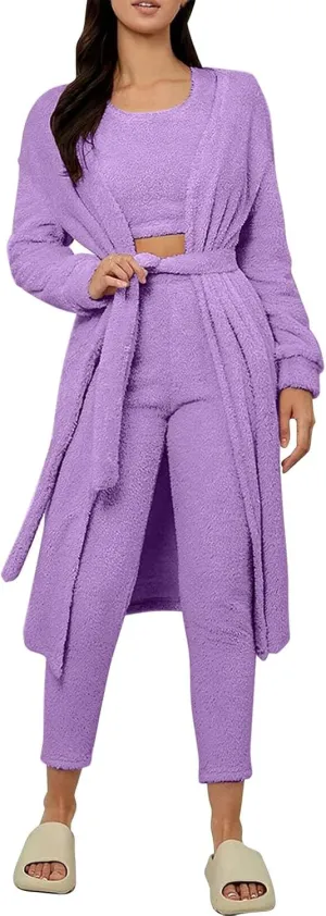 HGps8w 3 Piece Lounge Sets for Women Fuzzy Fleece Pajamas, Long Open Front Cardigan & Crop Tank Top & Long Pants Sleepwear