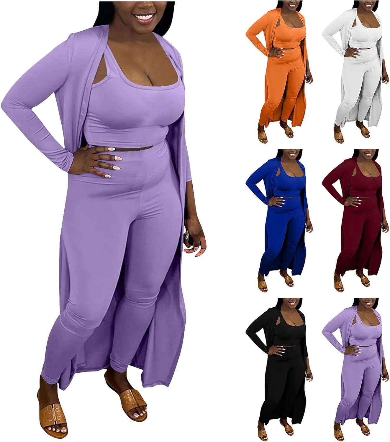 HGps8w Women's 3 Piece Outfits - Long Sleeve Open Front Cardigan and Crop Tank Top with High Waisted Leggings Loungewear Set