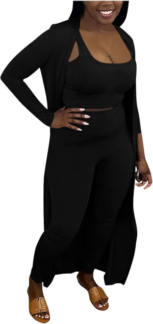 HGps8w Women's 3 Piece Outfits - Long Sleeve Open Front Cardigan and Crop Tank Top with High Waisted Leggings Loungewear Set