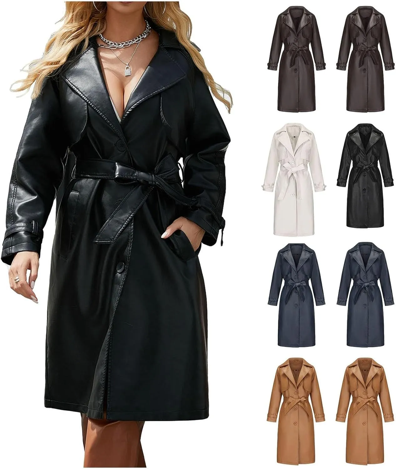 HGps8w Women's Long Faux Leather Coat with Belt, Classic Notched Lapel Casual PU Moto Bike Jacket Outwear with Pockets