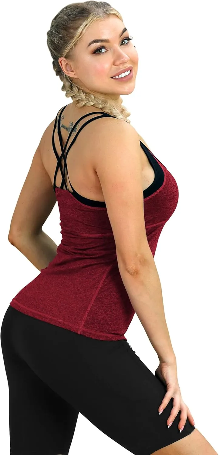 icyzone Women's Activewear Workout Yoga Spaghetti Strap Racerback Tank Top with Built in Bra