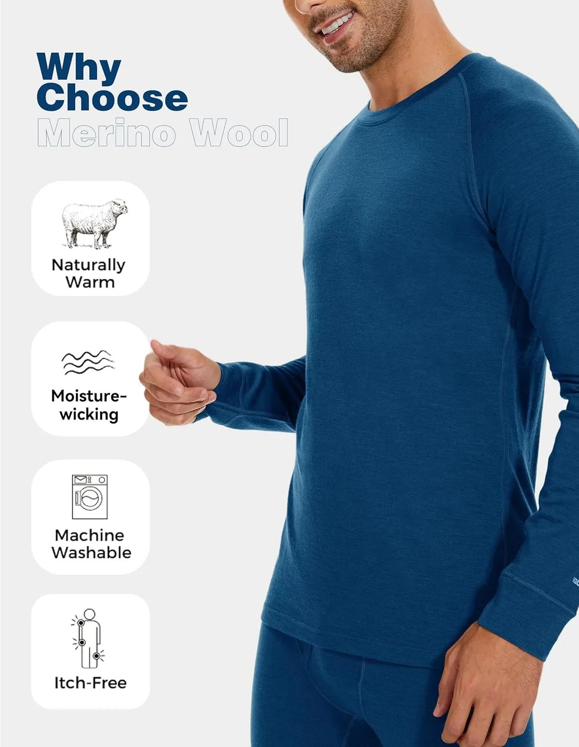 Iguana Mens 100% Merino Wool Base Layer Top for Ski Lightweight Thermal Underwear Shirts