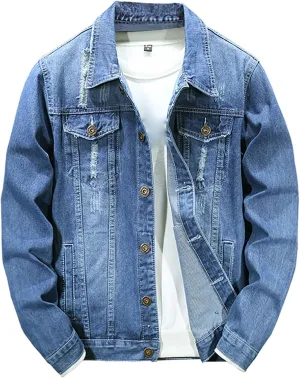 Jean Jackets for Men, Classic Trucker Slim Fit Casual Distressed Destroyed Denim Jackets, Motorcycle Denim Jackets