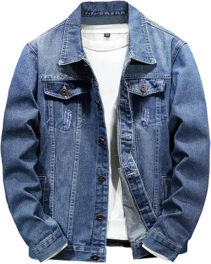 Jean Jackets for Men, Classic Trucker Slim Fit Casual Distressed Destroyed Denim Jackets, Motorcycle Denim Jackets