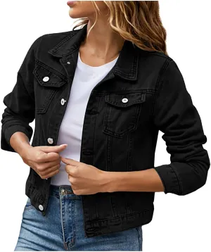 Jean Jackets for Women Trendy Button Down Denim Trucker Jackets Long Sleeves Solid Slim Shacket Jackets with Pockets