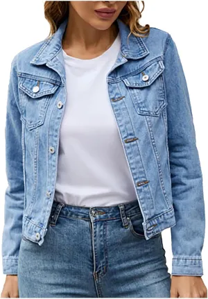 Jean Jackets for Women Trendy Button Down Denim Trucker Jackets Long Sleeves Solid Slim Shacket Jackets with Pockets