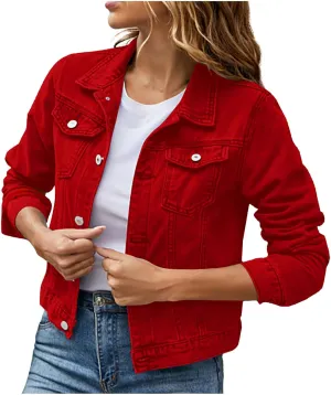 Jean Jackets for Women Trendy Button Down Denim Trucker Jackets Long Sleeves Solid Slim Shacket Jackets with Pockets