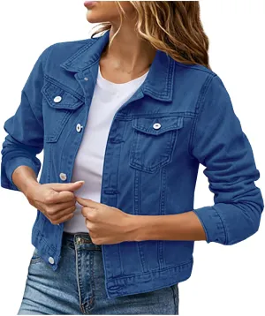 Jean Jackets for Women Trendy Button Down Denim Trucker Jackets Long Sleeves Solid Slim Shacket Jackets with Pockets