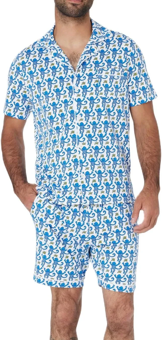 KOSUSANILL Y2k Pajamas Set for Men 2 Piece Button Down Monkey Shirt Pjs Shorts Outfit Rabbit Dupes Preppy Sleep Loungewear
