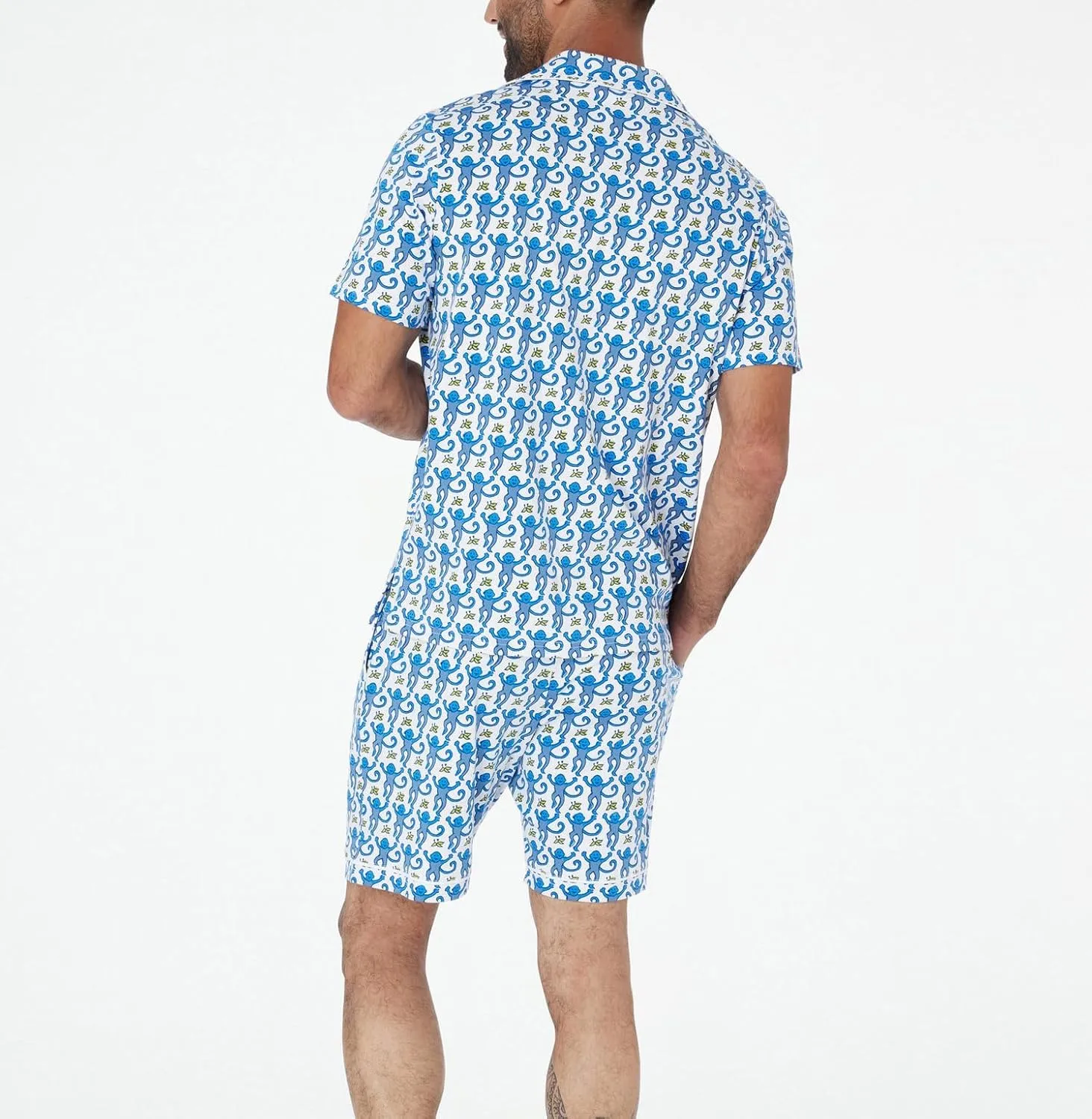 KOSUSANILL Y2k Pajamas Set for Men 2 Piece Button Down Monkey Shirt Pjs Shorts Outfit Rabbit Dupes Preppy Sleep Loungewear