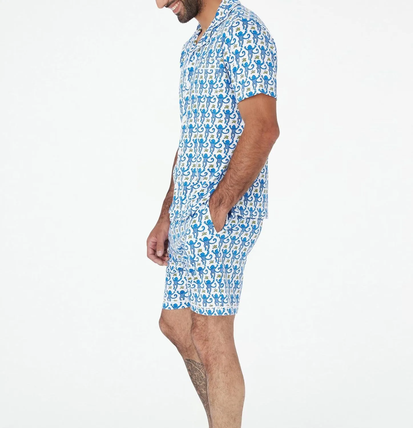 KOSUSANILL Y2k Pajamas Set for Men 2 Piece Button Down Monkey Shirt Pjs Shorts Outfit Rabbit Dupes Preppy Sleep Loungewear