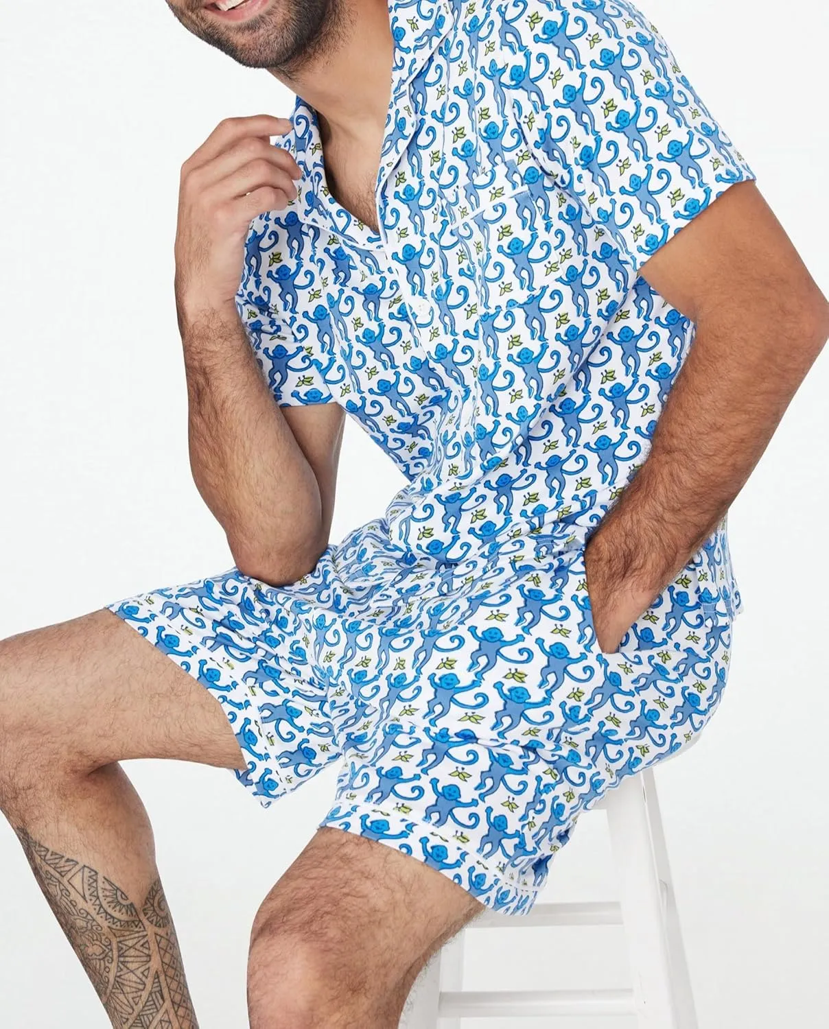 KOSUSANILL Y2k Pajamas Set for Men 2 Piece Button Down Monkey Shirt Pjs Shorts Outfit Rabbit Dupes Preppy Sleep Loungewear